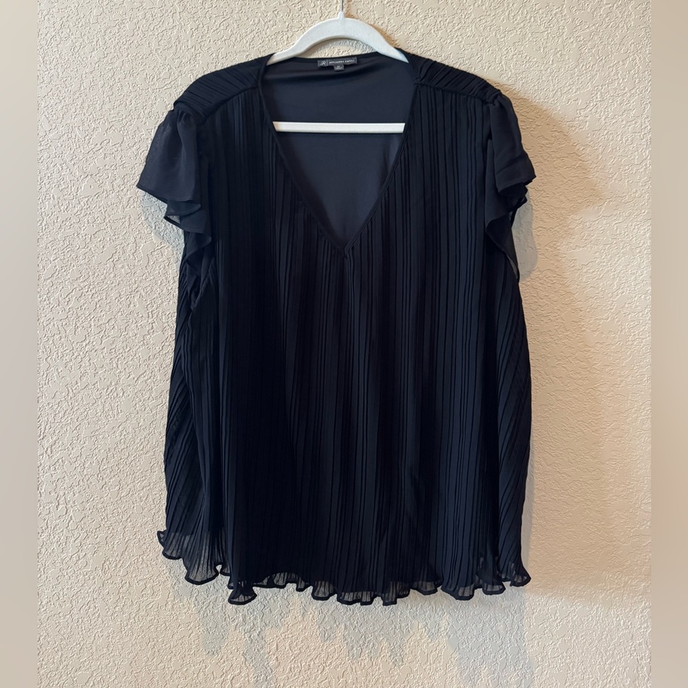 Adrianna Papell Black Pleated Flutter Sleeve Blouse, Size 2X